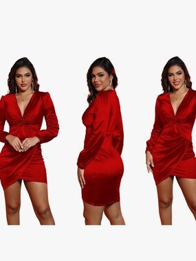 Bodycon Red Sexy Twist-Front Silky V Neck Long Sleeve Mini Dress Size L